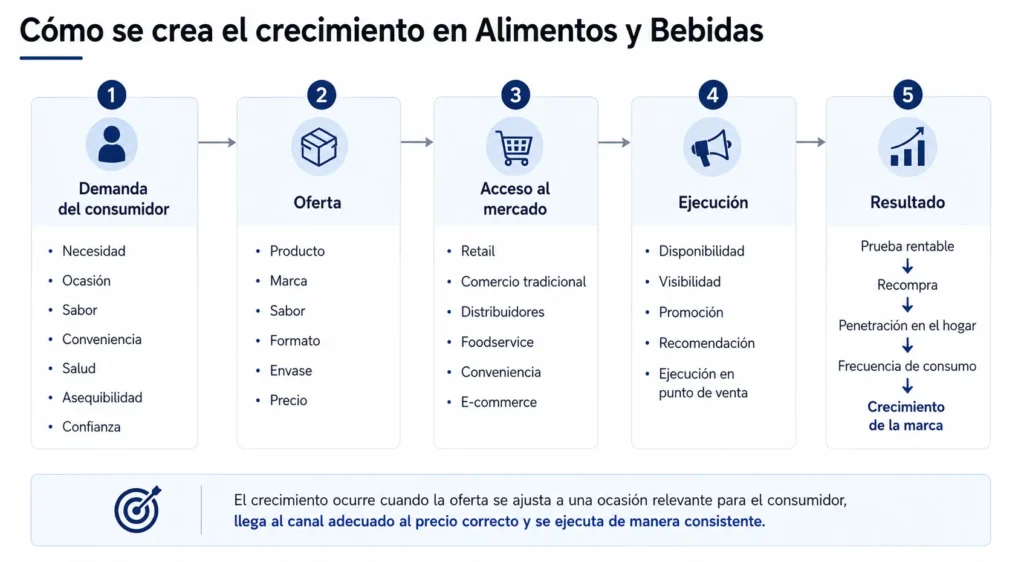 Marco de crecimiento Midas para alimentos y bebidas que conecta necesidades del consumidor, productos, marcas, empaques, precios, canales, disponibilidad, prueba, recompra y crecimiento rentable.