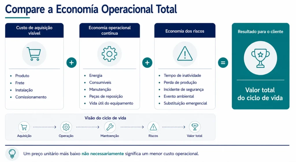 Estrutura da Midas para o custo total de equipamentos do setor energético, abrangendo aquisição, operação, manutenção, tempo de inatividade, segurança e valor ao longo do ciclo de vida.