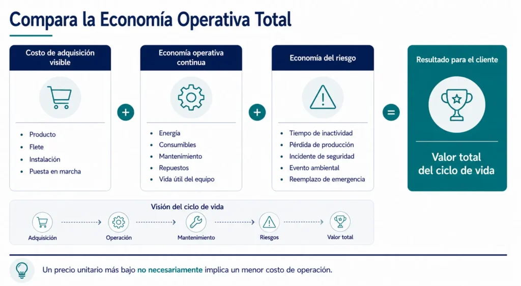 Marco de costo total de Midas para equipos energéticos, que abarca adquisición, operación, mantenimiento, tiempo de inactividad, seguridad y valor durante el ciclo de vida.