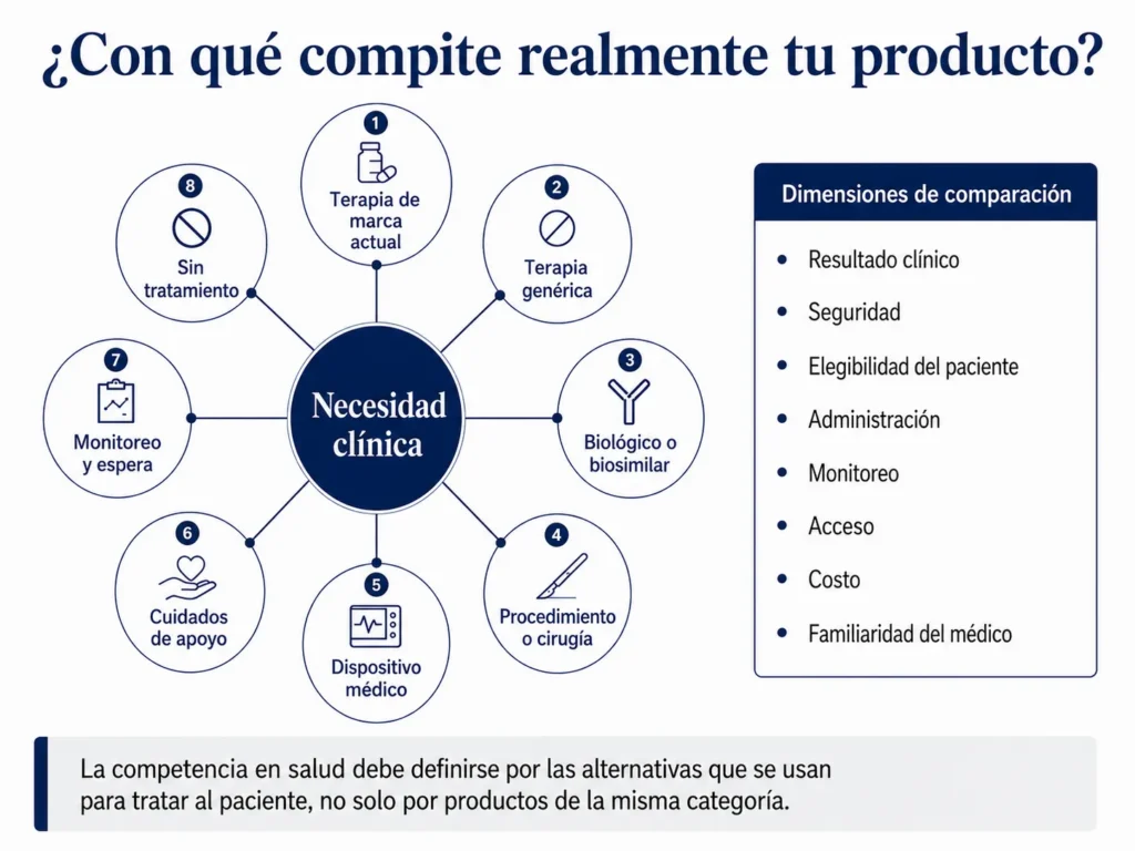 Mapa competitivo de salud que compara medicamentos, productos biológicos, dispositivos, procedimientos, cuidados de apoyo, monitoreo y ausencia de tratamiento.