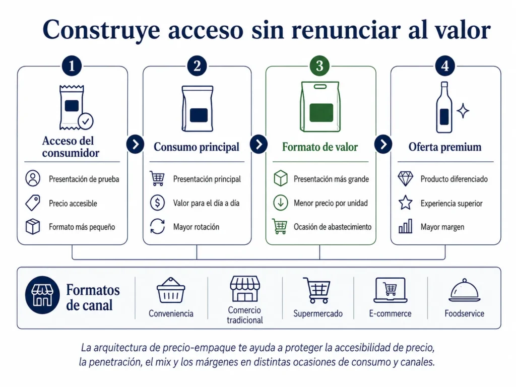 Arquitectura de precios y empaques de alimentos y bebidas de Midas que muestra formatos de prueba, accesibles, mainstream, value, premium, conveniencia, retail, comercio electrónico y foodservice.