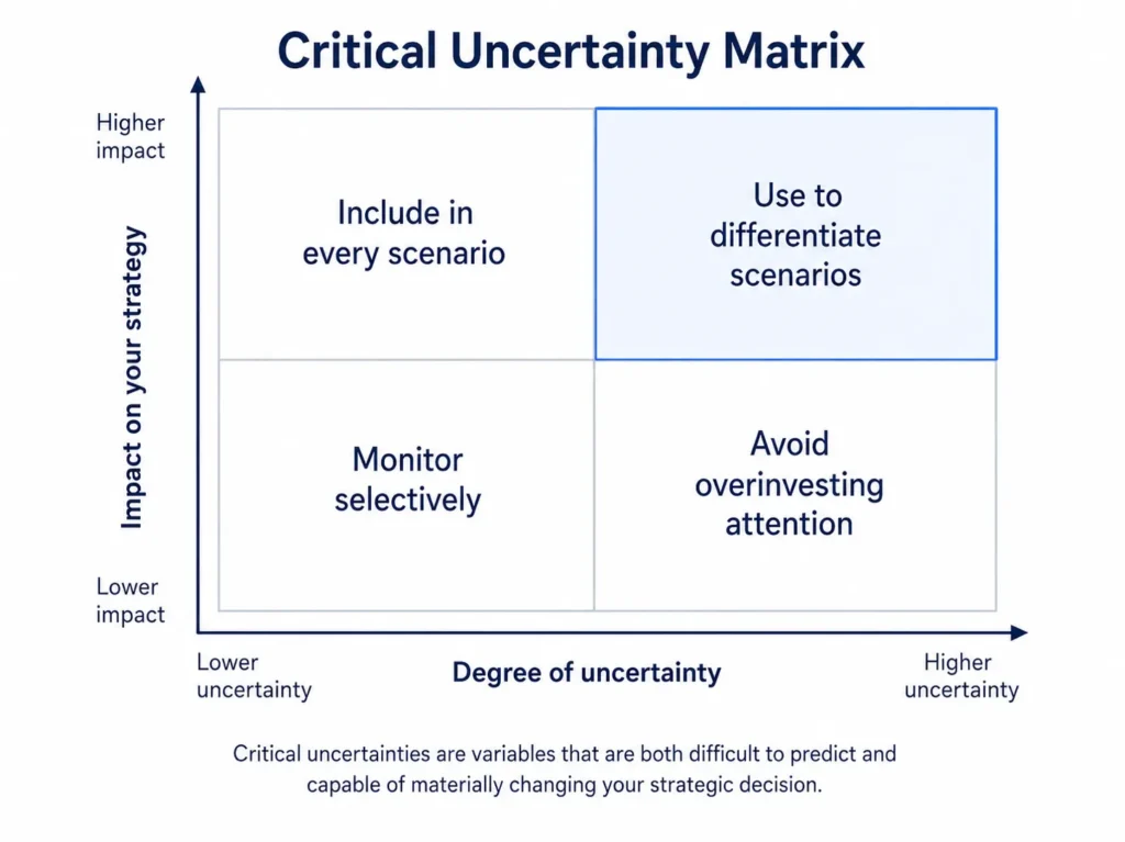Critical uncertainties are variables that are both difficult to predict and capable of materially changing your strategic decision.