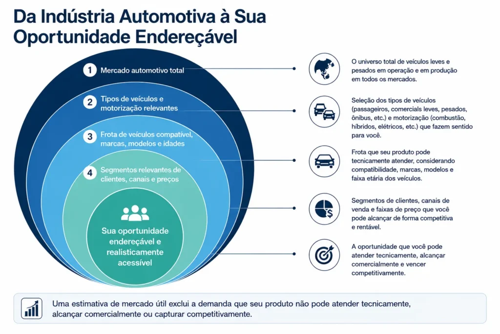 Estrutura da Midas para o mercado automotivo acessível, que delimita o setor total por tipo de veículo, motorização, frota compatível, canal, cliente e segmento de preço.