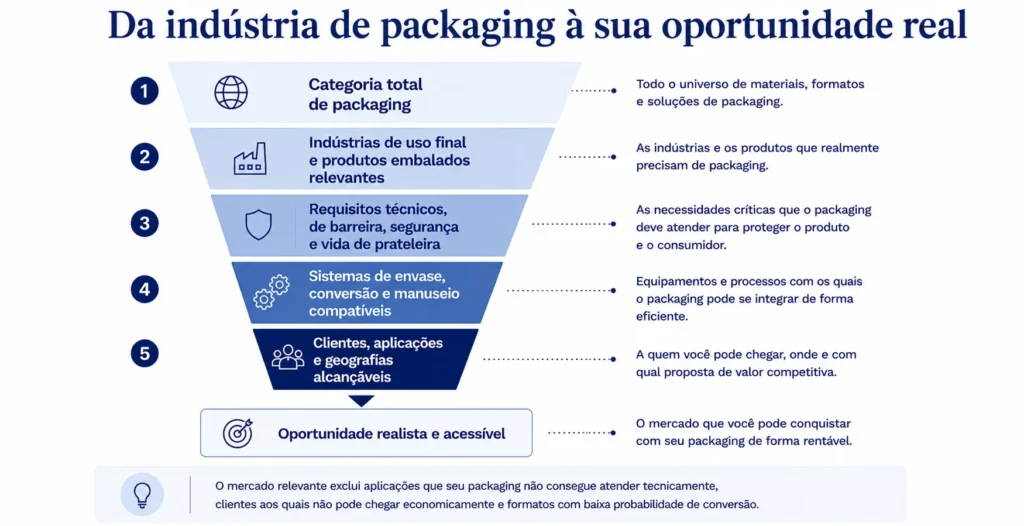 Estrutura da Midas para definir o mercado de embalagens, delimitando o mercado total por uso final, requisitos técnicos, compatibilidade com a produção, clientes e geografia.