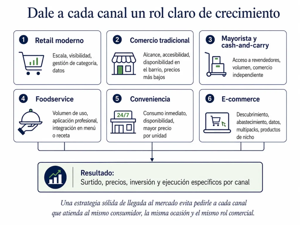 Marco de estrategia de canales de alimentos y bebidas de Midas que abarca retail moderno, comercio tradicional, mayoristas, foodservice, conveniencia y comercio electrónico.