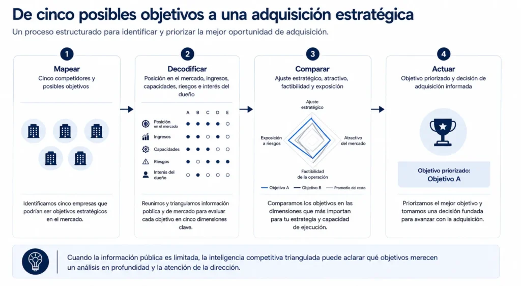 Caso de adquisición automotriz de Midas que muestra la progresión desde cinco posibles empresas objetivo, pasando por la inteligencia y la comparación, hasta una adquisición estratégica completada.