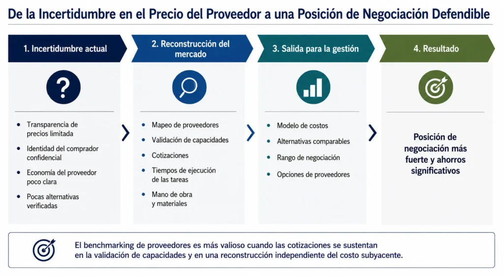 Caso de benchmarking de proveedores mineros de Midas que muestra identificación de proveedores, validación de capacidades, modelado de costos, cotizaciones alternativas y ahorros en negociación.