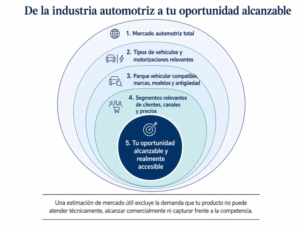 Marco de Midas para el mercado automotriz accesible, que delimita la industria total por tipo de vehículo, sistema de propulsión, parque automotor compatible, canal, cliente y segmento de precios.