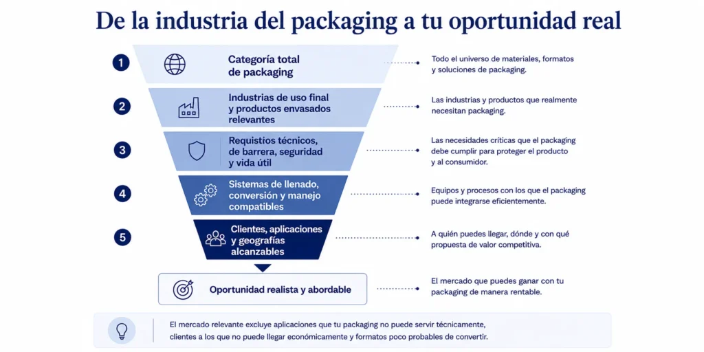 Marco de Midas para definir el mercado de envases, que delimita el mercado total según el uso final, los requisitos técnicos, la compatibilidad productiva, los clientes y la geografía.