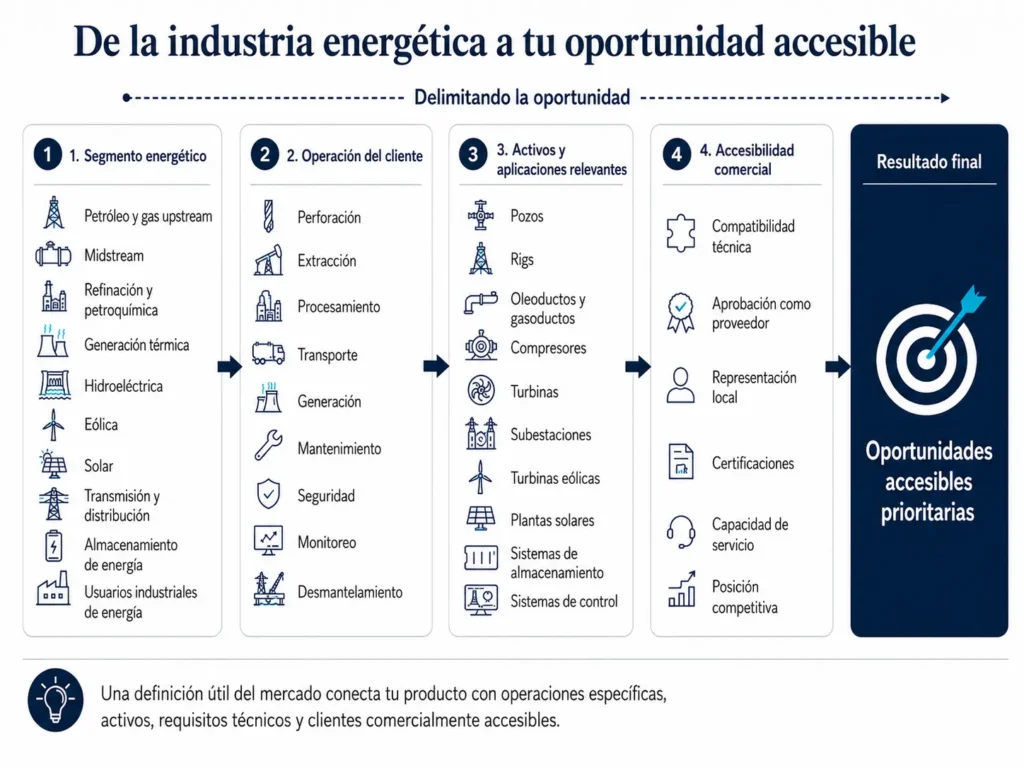 Marco de Midas para definir el mercado de proveedores del sector energético, delimitando los segmentos mediante las operaciones del cliente, los activos, las aplicaciones y la accesibilidad comercial.