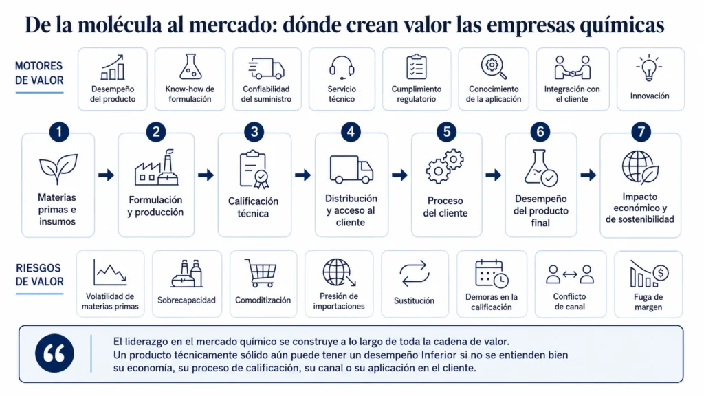 Cadena de valor de Midas para la industria química que muestra cómo las materias primas, la formulación, la producción, la homologación, la distribución, los procesos del cliente y el desempeño del producto terminado crean o destruyen valor.