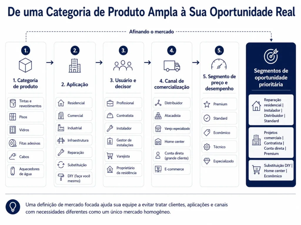 Árvore de definição de mercado da Midas para produtos de construção, que delimita uma categoria segundo aplicação, usuário, canal, preço e segmento de desempenho.