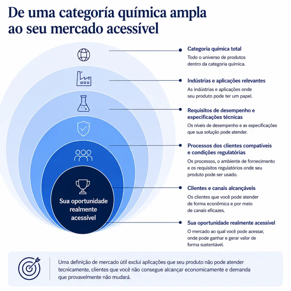 Estrutura da Midas para dimensionamento do mercado químico, que delimita uma categoria ampla por aplicação, requisitos de desempenho, processos dos clientes, regulamentação e acessibilidade comercial.