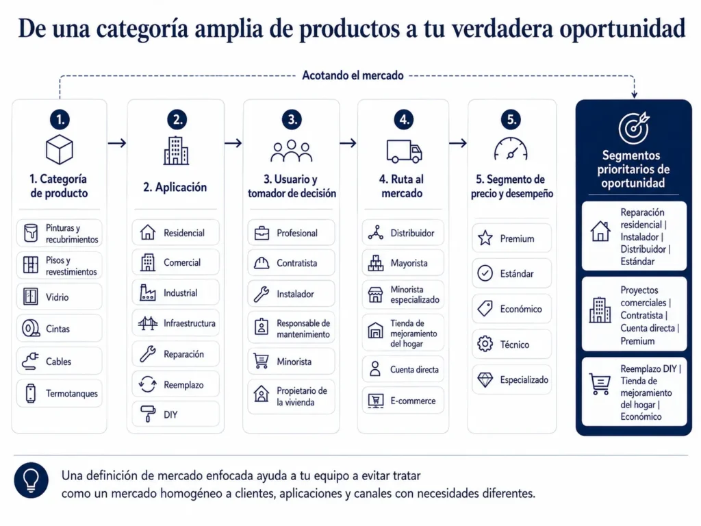 Árbol de definición de mercado de Midas para productos de construcción, que acota una categoría según aplicación, usuario, canal, precio y segmento de desempeño.
