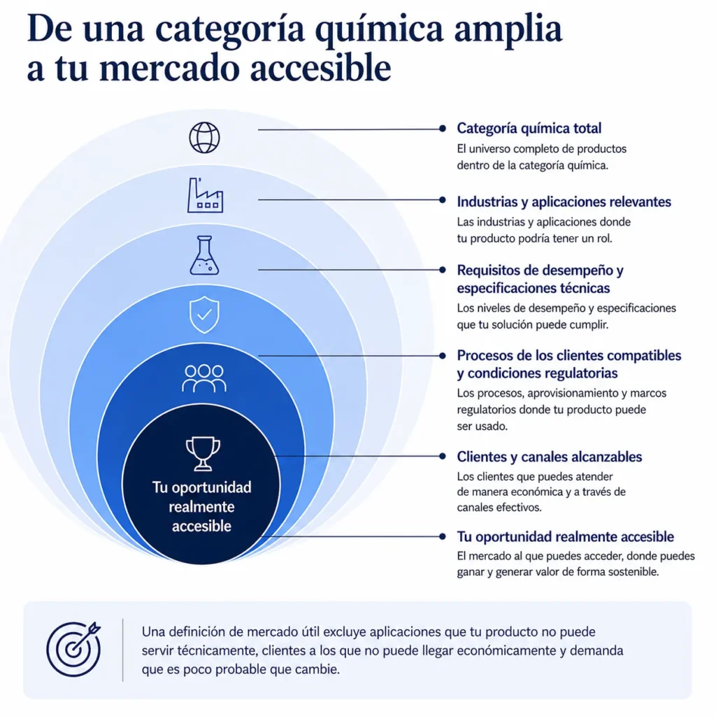 Marco de Midas para dimensionar el mercado químico, que acota una categoría amplia según la aplicación, los requisitos de desempeño, los procesos del cliente, la regulación y la accesibilidad comercial.