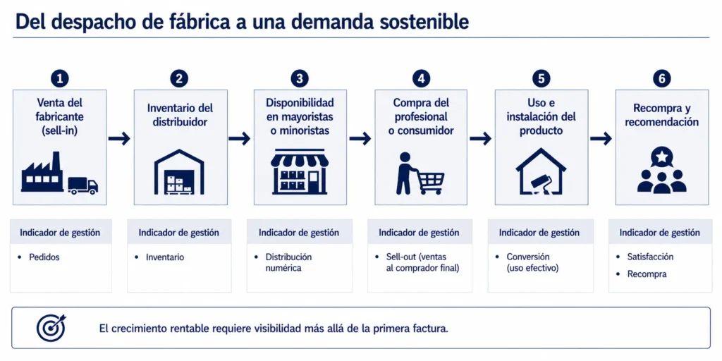 Flujo comercial de Midas para productos de construcción, desde el sell-in del fabricante, el inventario del distribuidor y la disponibilidad minorista hasta el uso, la satisfacción y la recompra.