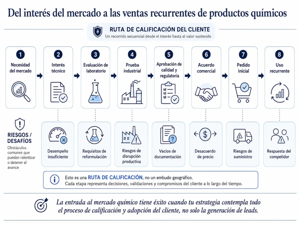 Recorrido de homologación del cliente químico de Midas, desde la necesidad de mercado, las pruebas técnicas y la aprobación hasta el uso comercial recurrente.