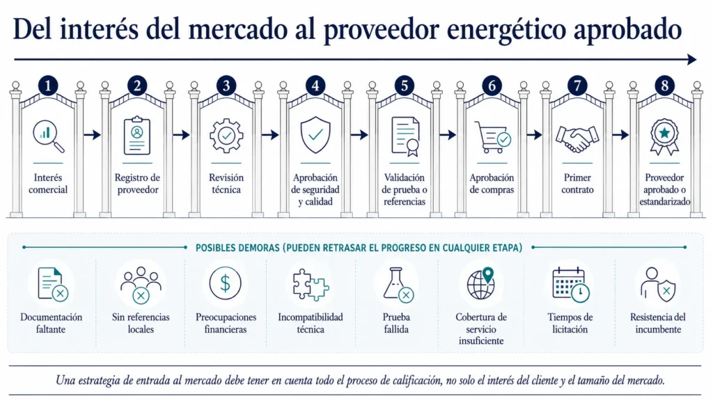 Proceso de calificación de Midas para proveedores del sector energético, desde el interés comercial hasta las aprobaciones técnica, de seguridad, calidad, pruebas y compras.