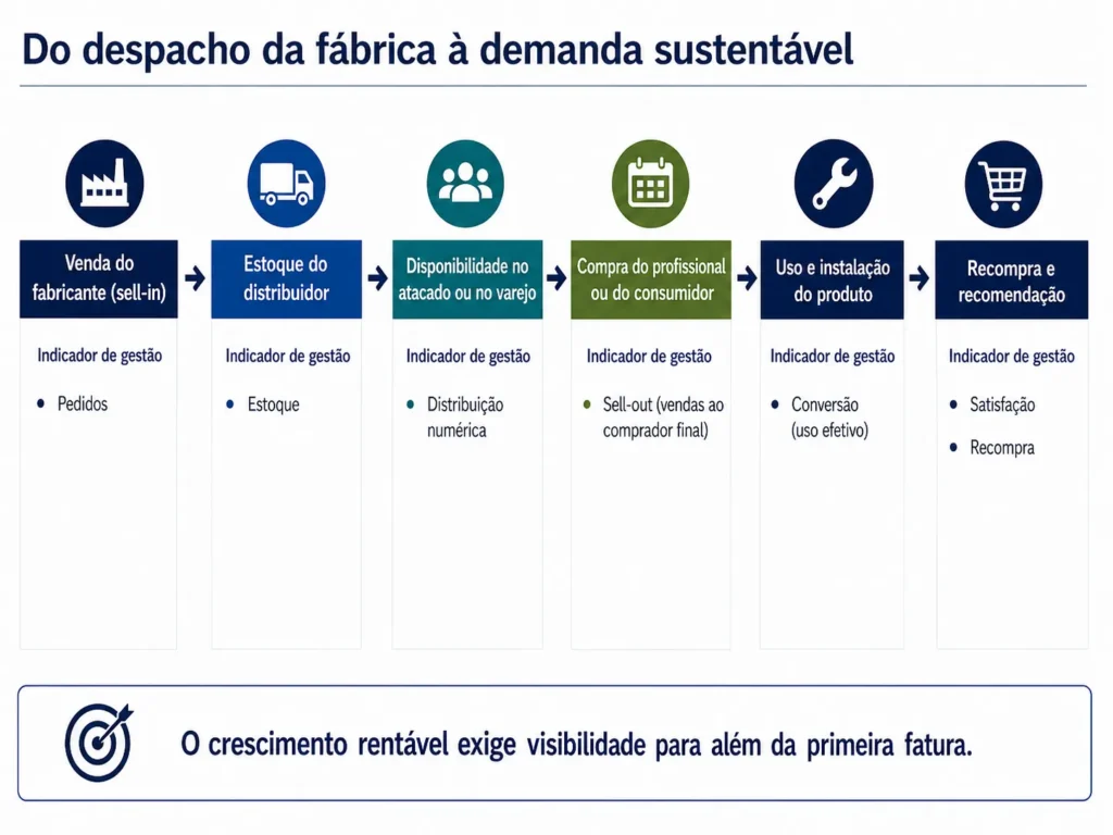 Fluxo comercial da Midas para produtos de construção, desde o sell-in do fabricante, o estoque do distribuidor e a disponibilidade no varejo até o uso, a satisfação e a recompra.