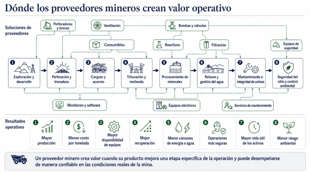 Descripción de Midas del flujo de operaciones mineras que muestra perforación, acarreo, trituración, procesamiento, agua, mantenimiento y seguridad, junto con los productos suministrados a cada etapa.