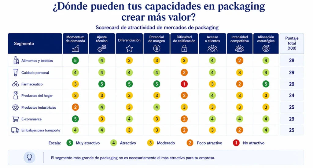 Tablero de evaluación del mercado de envases de Midas, que compara industrias de uso final según demanda, adecuación técnica, diferenciación, márgenes, homologación, acceso y competencia.