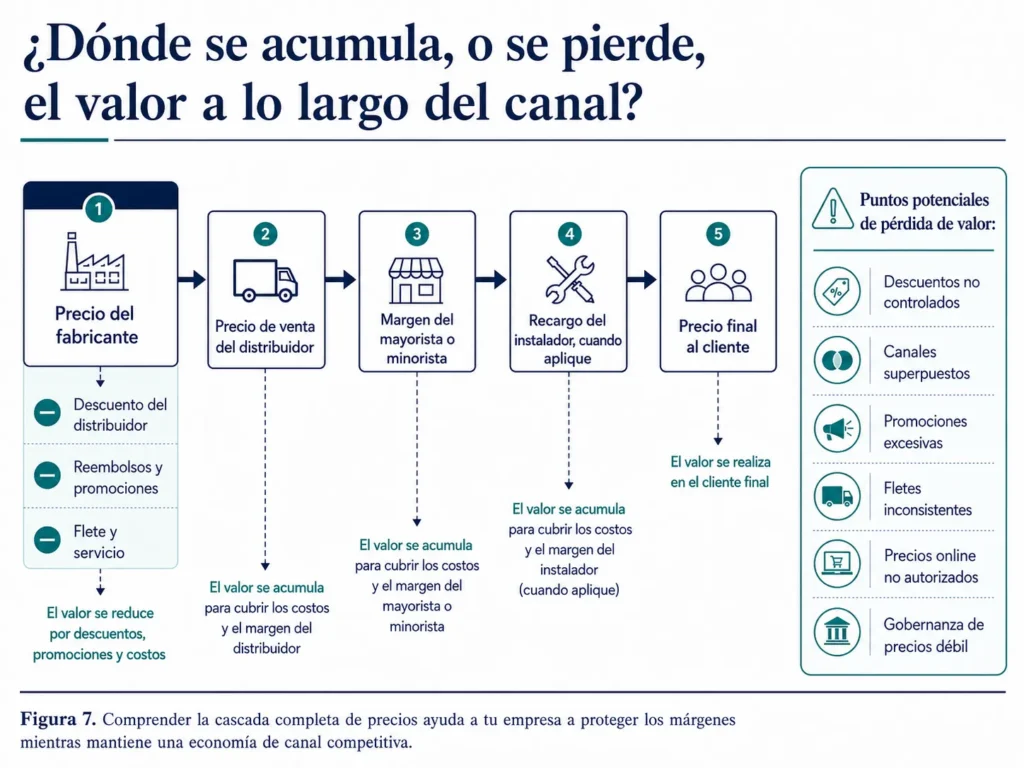 Cascada de precios de Midas para productos de construcción y DIY, desde el precio del fabricante, pasando por distribuidores y minoristas, hasta el cliente final.