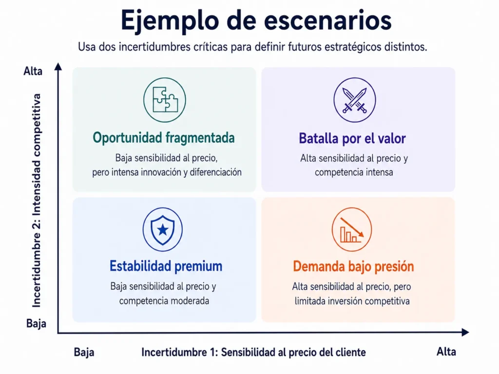 Ejemplos de escenarios que consideran dos incertidumbres: sensibilidad de los clientes al precio (Baja ↔ Alta) e intensidad competitiva (Baja ↔ Alta), que dan lugar a cuatro escenarios:
1. Estabilidad Premium (Baja sensibilidad al precio y competencia moderada)
2. Batalla por el Valor (Alta sensibilidad al precio y competencia intensa)
3. Oportunidad Fragmentada (Baja sensibilidad al precio, pero intensa innovación y diferenciación)
4. Demanda Bajo Presión (Alta sensibilidad al precio, pero inversión competitiva limitada)
