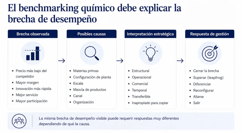 Marco de benchmarking de Midas para la industria química, que conecta las brechas de desempeño observadas con sus causas, su interpretación estratégica y la respuesta de la dirección.