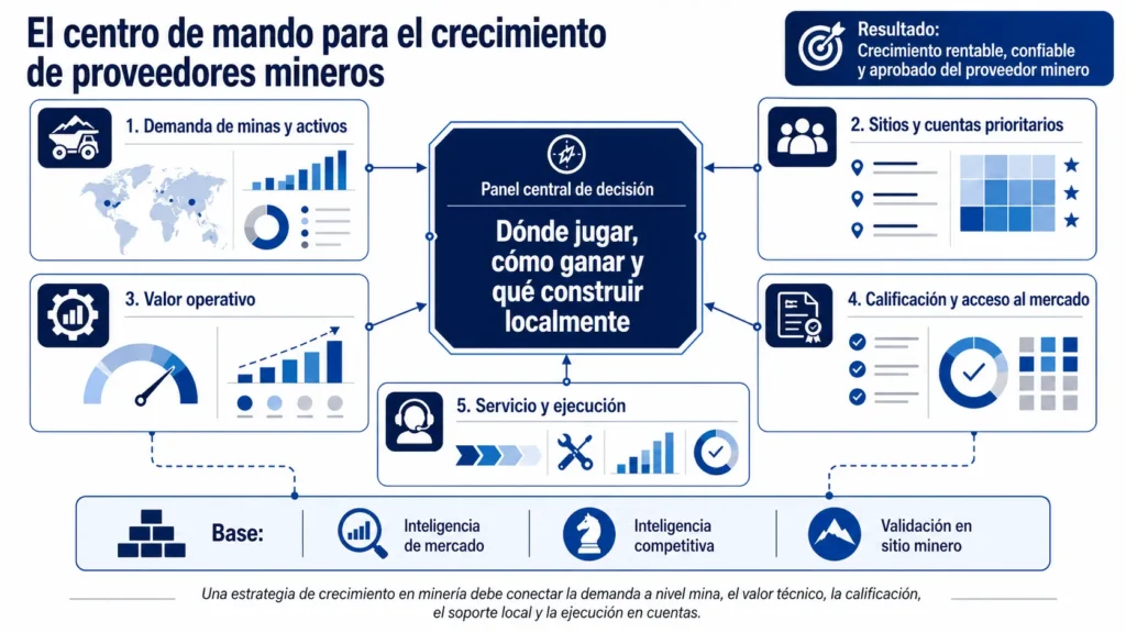 Centro de mando de crecimiento para proveedores mineros de Midas que conecta demanda de la mina, prioridades de cuenta, valor operativo, calificación, servicio y ejecución.