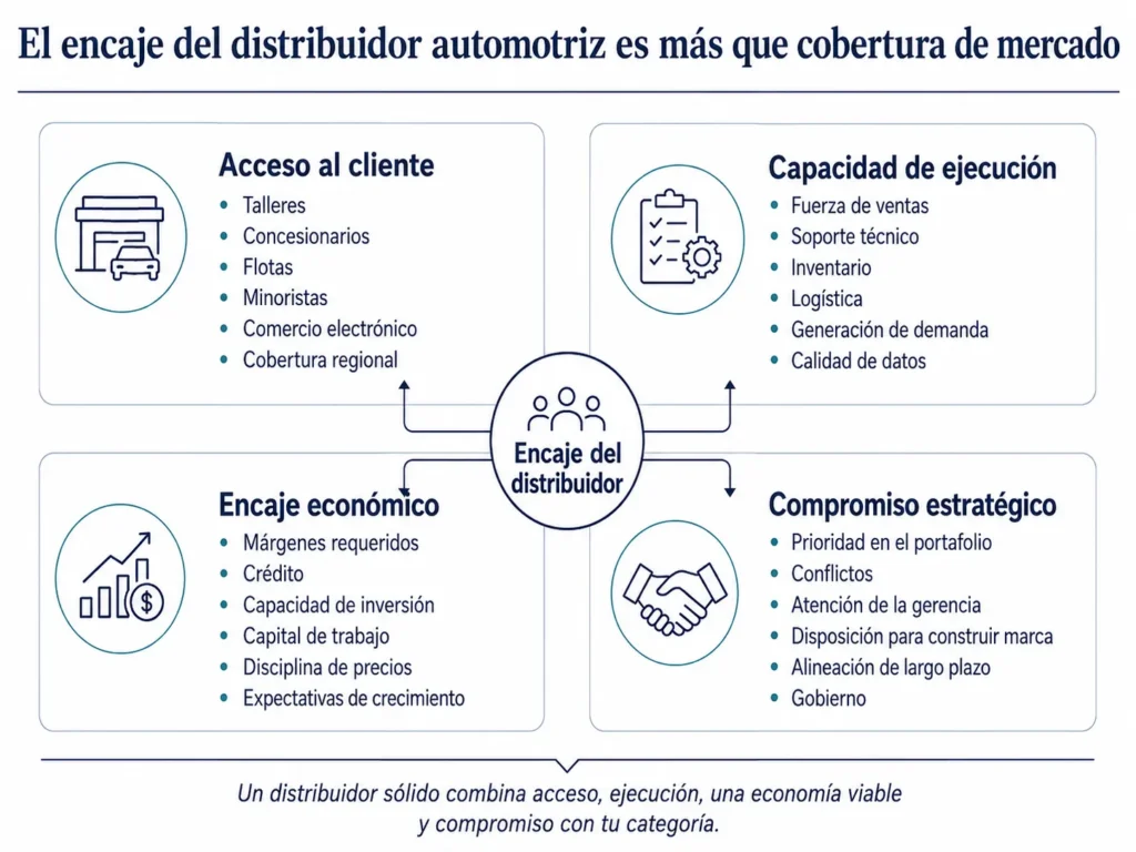 Marco de Midas para evaluar distribuidores automotrices, que abarca acceso a clientes, capacidades de ejecución, encaje económico y compromiso estratégico.