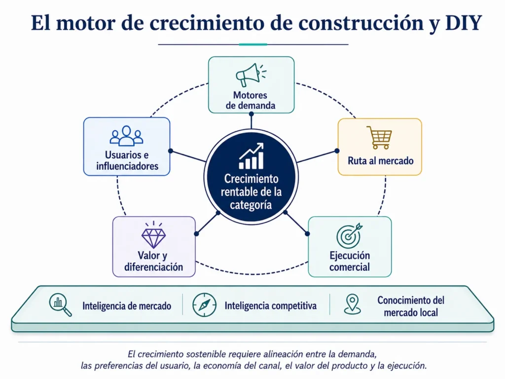 Motor de crecimiento de construcción y DIY de Midas que conecta demanda, usuarios, canales, diferenciación y ejecución comercial.