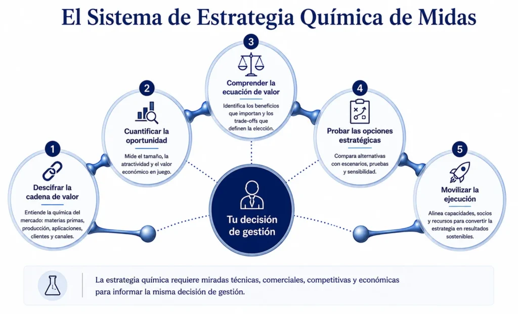 Metodología de consultoría química de Midas en cinco partes, que conecta el análisis de la cadena de valor, el dimensionamiento del mercado, el valor para el cliente, la prueba de la estrategia y la ejecución.