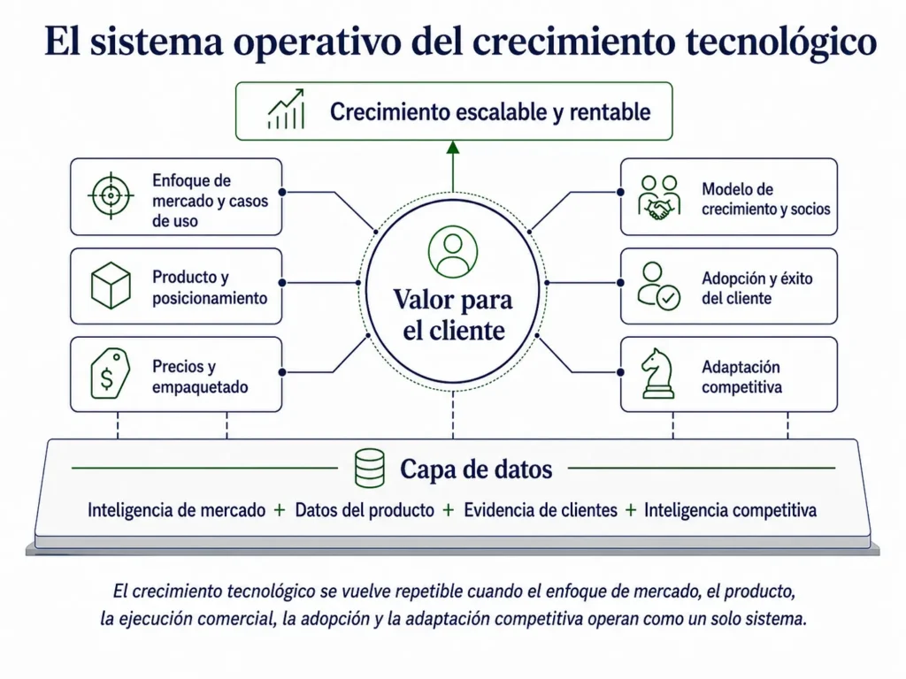 Sistema operativo de crecimiento tecnológico de Midas que conecta el foco de mercado, el producto, los precios, los modelos comerciales, los socios, la adopción, el éxito del cliente y la competencia.