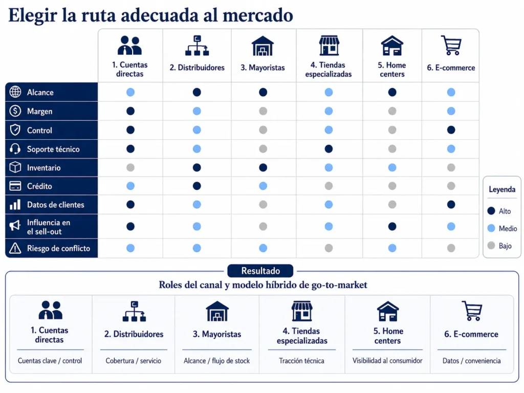 Marco de llegada al mercado de Midas para productos de construcción y DIY, que compara ventas directas, distribuidores, mayoristas, tiendas, centros de mejoramiento del hogar y comercio electrónico.