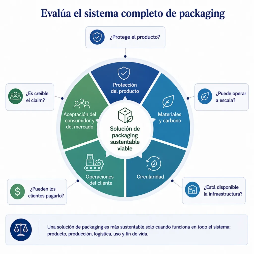 Marco de sostenibilidad de envases de Midas, que evalúa protección del producto, uso de materiales, circularidad, producción, economía y aceptación del consumidor.