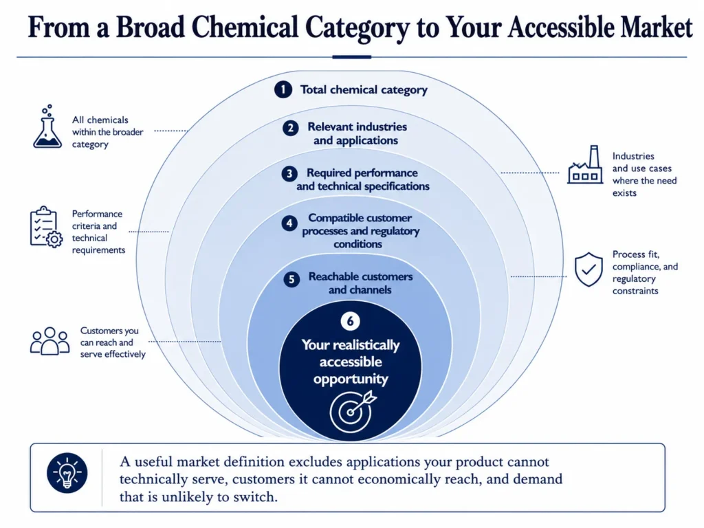 Midas chemical-market sizing framework narrowing a broad chemical category by application, performance requirements, customer processes, regulation, and commercial accessibility.