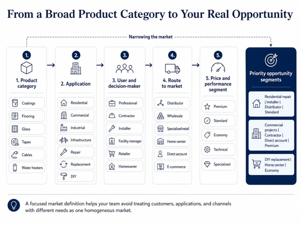 Midas construction-products market-definition tree narrowing a product category by application, user, channel, price, and performance segment.