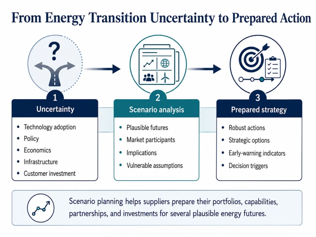 Midas energy supplier scenario-planning case translating technology uncertainty into robust strategies, options, indicators, and decision triggers.