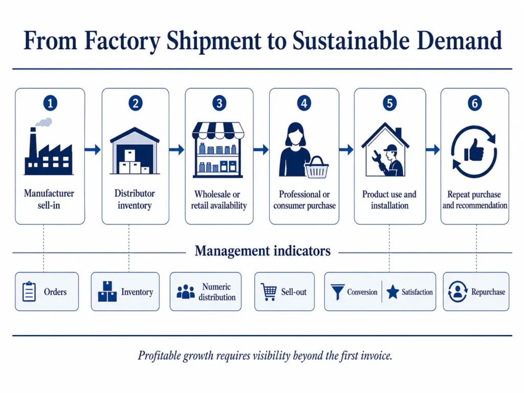 Midas construction-products commercial flow from manufacturer sell-in through distributor inventory and retail availability to use, satisfaction, and repeat purchase.