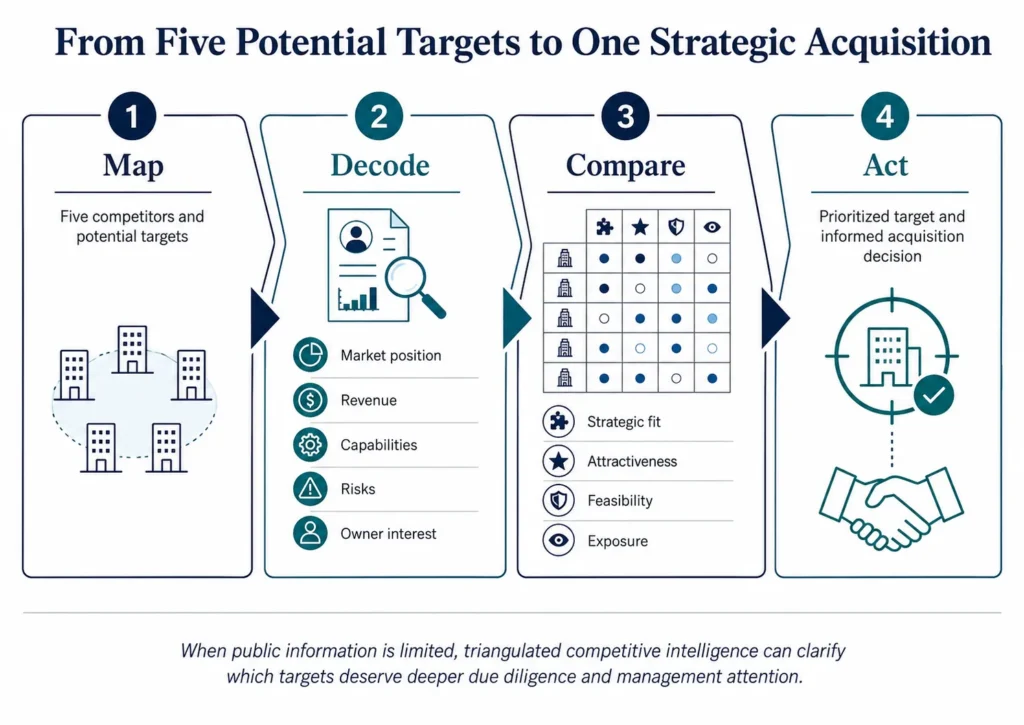 Midas automotive acquisition case showing the progression from five potential targets through intelligence and comparison to a completed strategic acquisition.