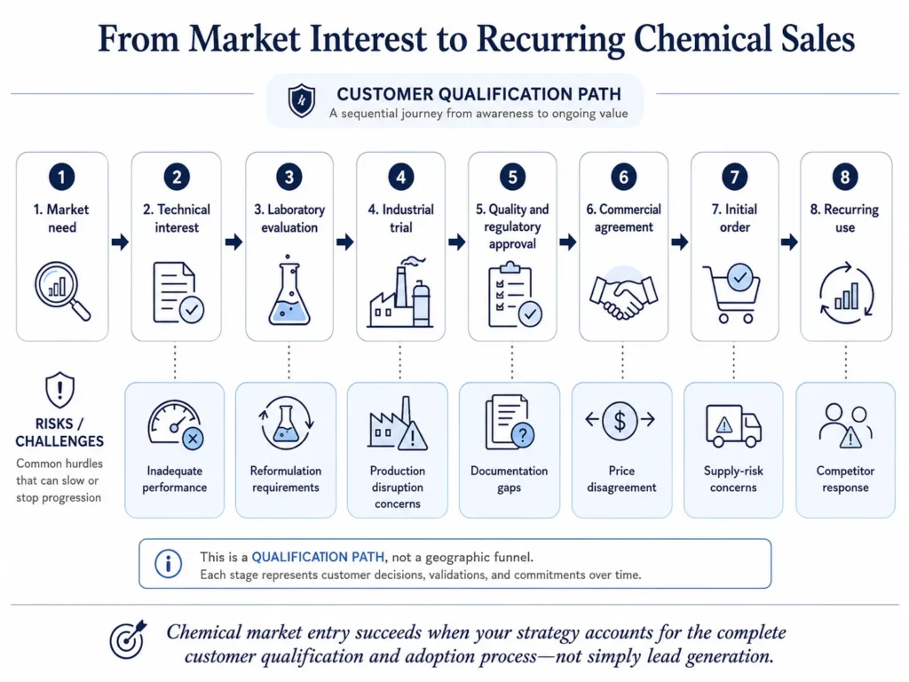 Midas chemical-customer qualification journey from market need through technical trials and approval to recurring commercial use.