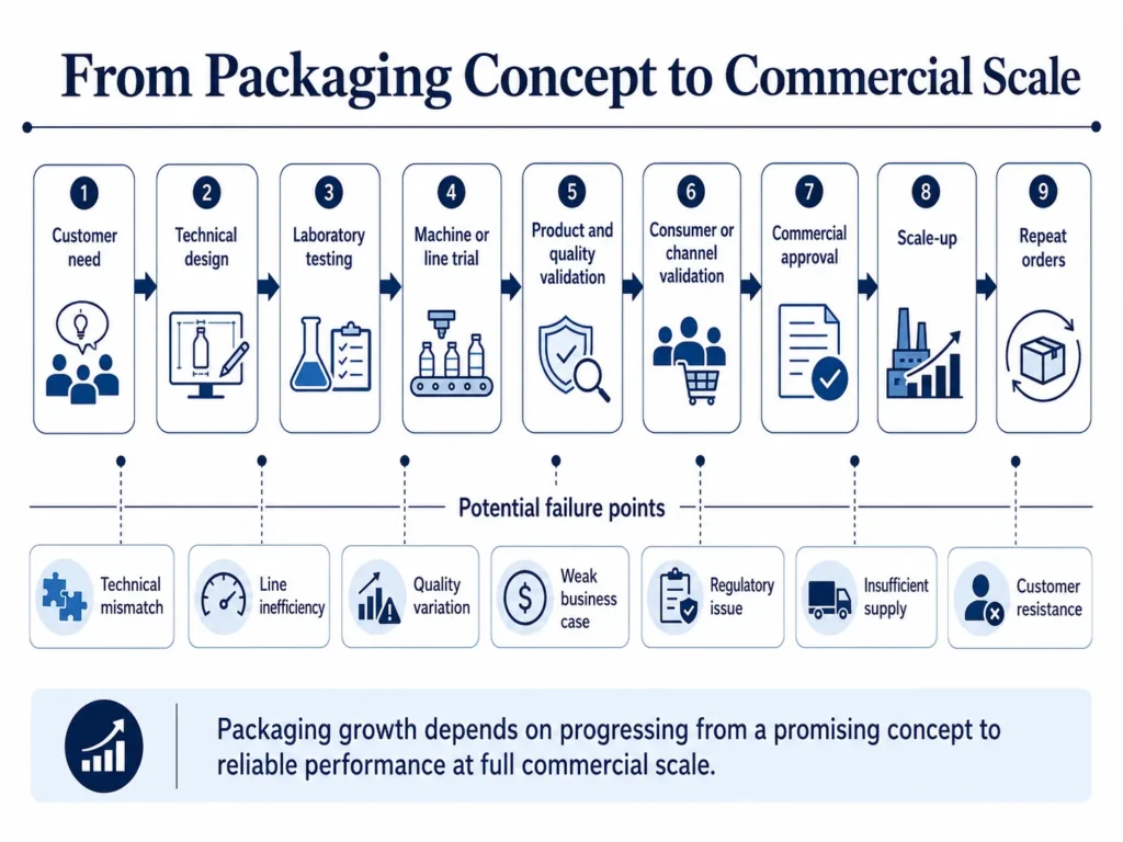 Midas packaging qualification pathway from customer need and technical design through testing, line trials, approval, scale-up, and repeat orders.