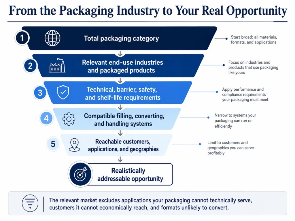 Midas packaging market-definition framework narrowing the total market by end use, technical requirements, production compatibility, customers, and geography.