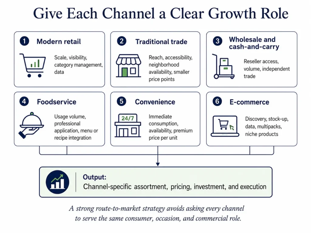 Midas food and beverage channel strategy covering modern retail, traditional trade, wholesale, foodservice, convenience, and e-commerce.
