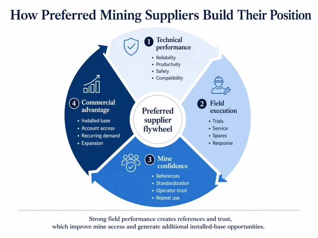 Midas mining supplier flywheel connecting technical performance, field service, mine confidence, references, recurring demand, and account growth.