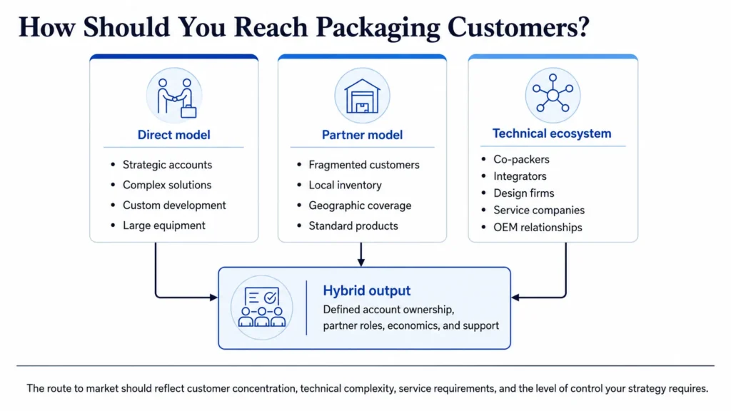 Midas packaging route-to-market model comparing direct sales, distributors, agents, co-packers, integrators, equipment representatives, and hybrid channels.