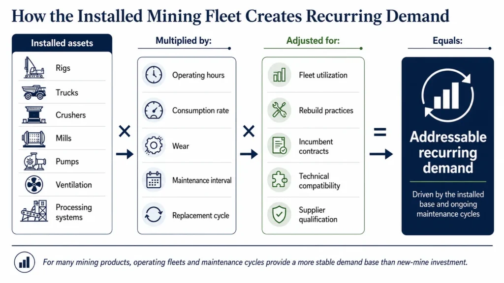 Midas mining installed-fleet demand model connecting equipment population, operating hours, wear, maintenance, replacement, and supplier accessibility.