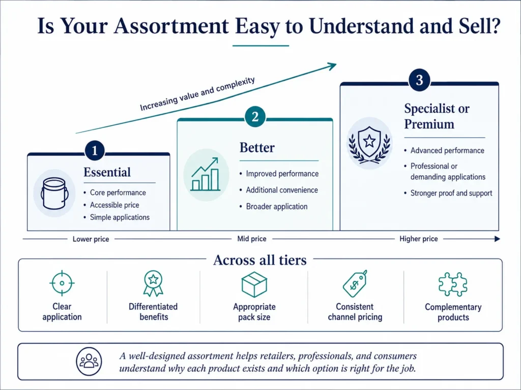 Midas construction and DIY product assortment ladder showing essential, better, and specialist or premium tiers.