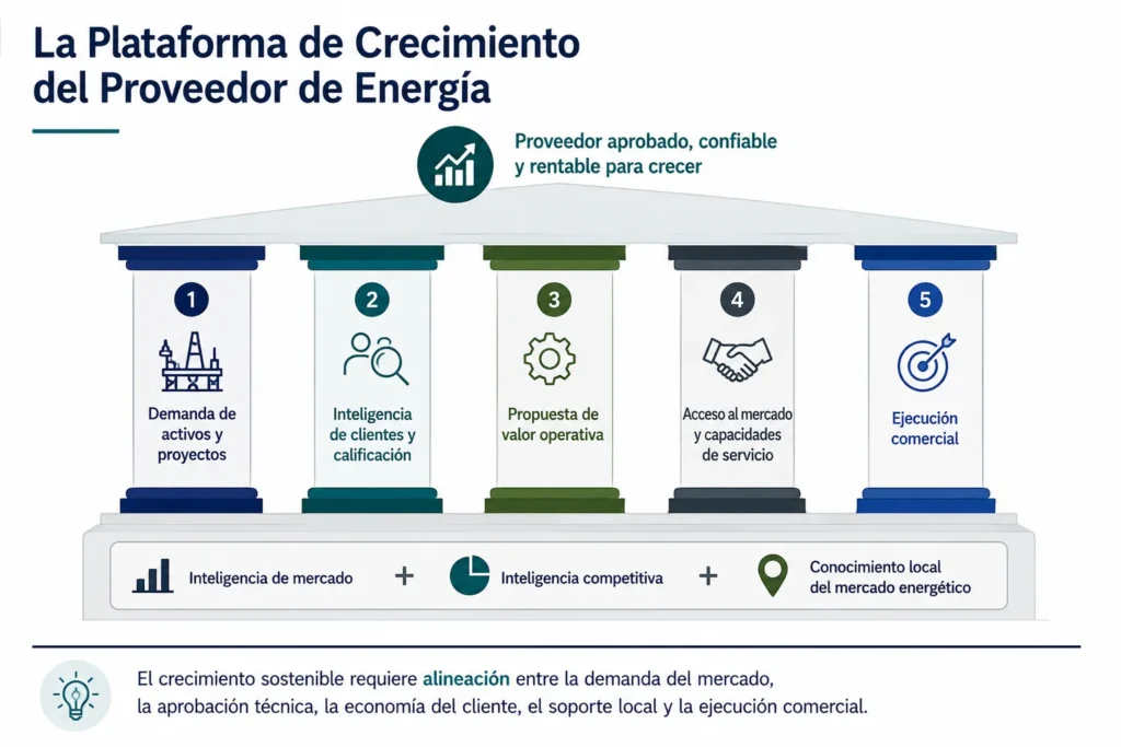 Plataforma de crecimiento de Midas para proveedores del sector energético, que conecta demanda, calificación, valor operativo, acceso al mercado, servicio y ejecución.