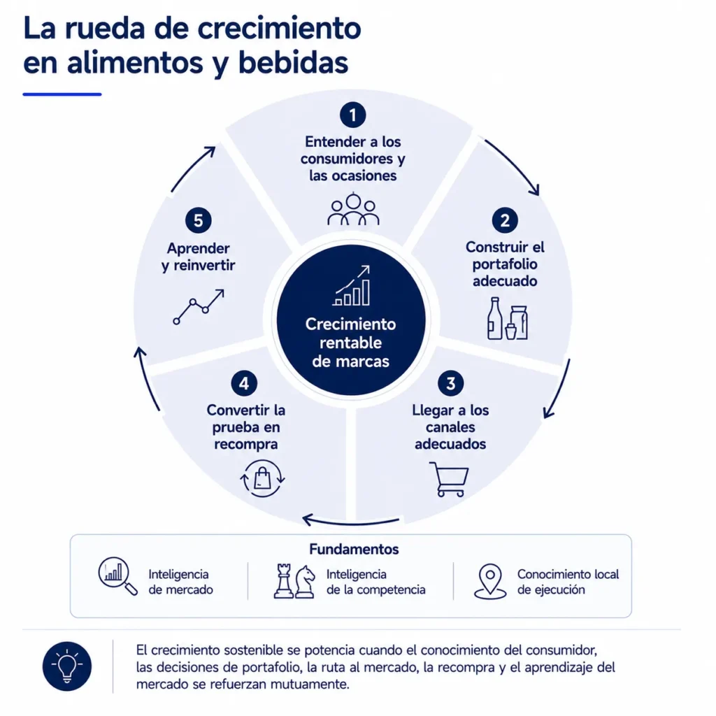 Flywheel de crecimiento en alimentos y bebidas de Midas que conecta ocasiones de consumo, portafolio, canales, prueba, recompra y aprendizaje continuo.